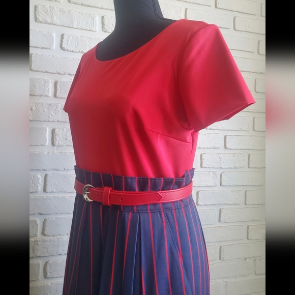 Ross Mayer Nautical Striped Belted Pockets Navy & Red Swing Pin Up Dress Vintage - Picture 14 of 15